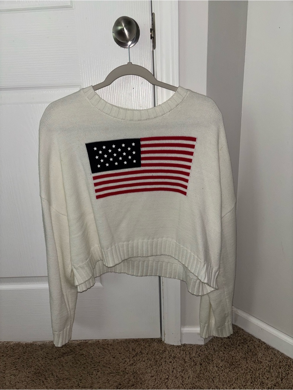 moon & madison Cream Crop Sweater with Red and Blue Flag